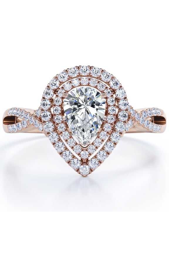 1 Carat Pear Shape Moissanite - Infinity Twisted Shank - Duo Halo Cluster Engagement Ring - 18K Rose Gold Plating for Women