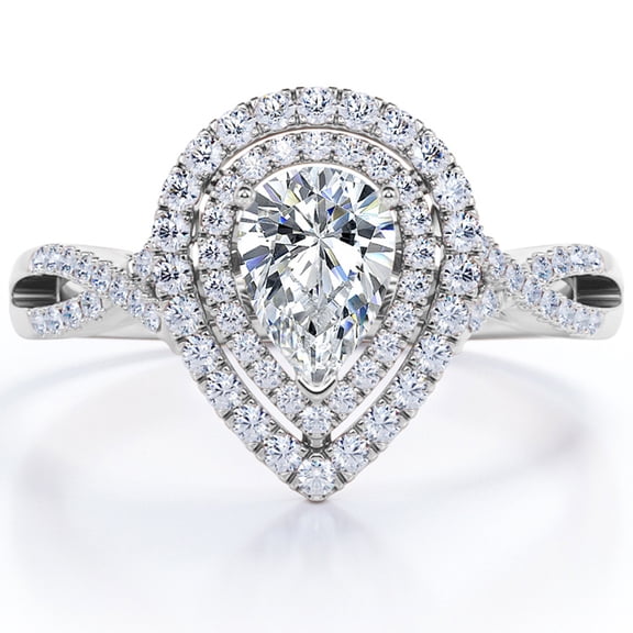 JeenMata 1 Carat Pear Shape Moissanite - Infinity Twisted Shank - Duo Halo Cluster Engagement Ring - 18K White Gold Plating for Women