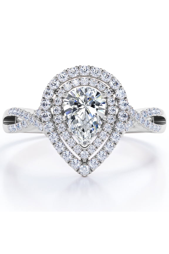 1 Carat Pear Shape Moissanite - Infinity Twisted Shank - Duo Halo Cluster Engagement Ring - 18K White Gold Plating for Women