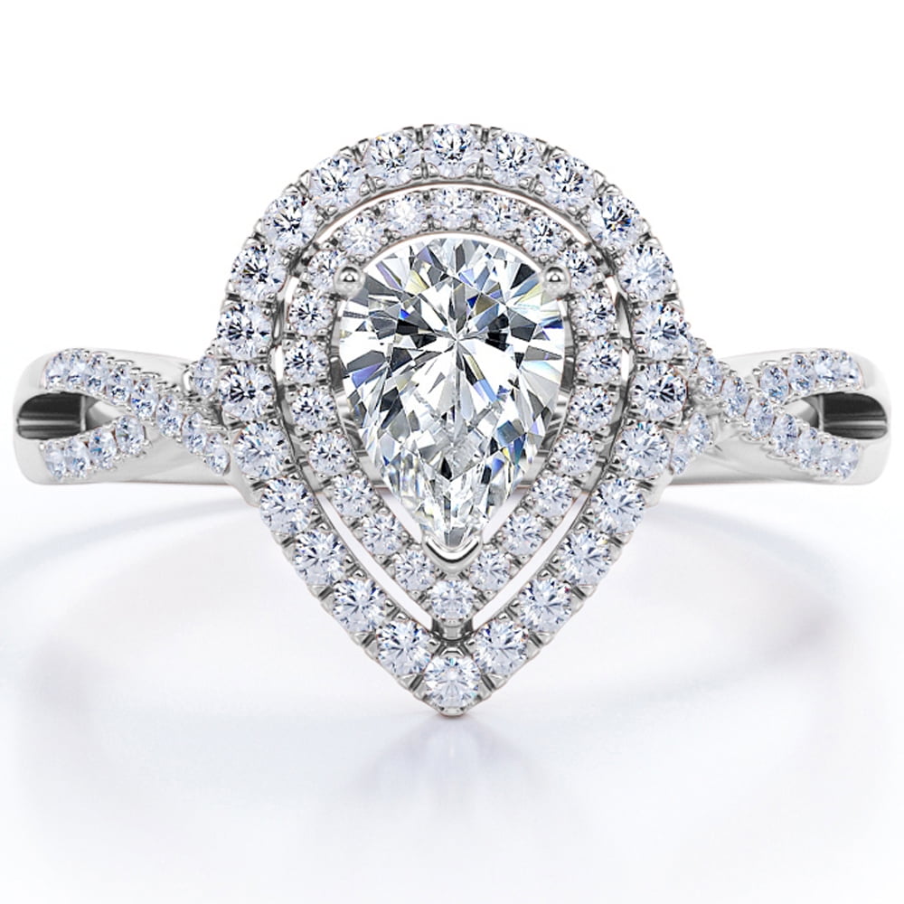 JeenMata 1 Carat Pear Shape Moissanite - Infinity Twisted Shank - Duo Halo Cluster Engagement Ring - 18K White Gold Plating for Women