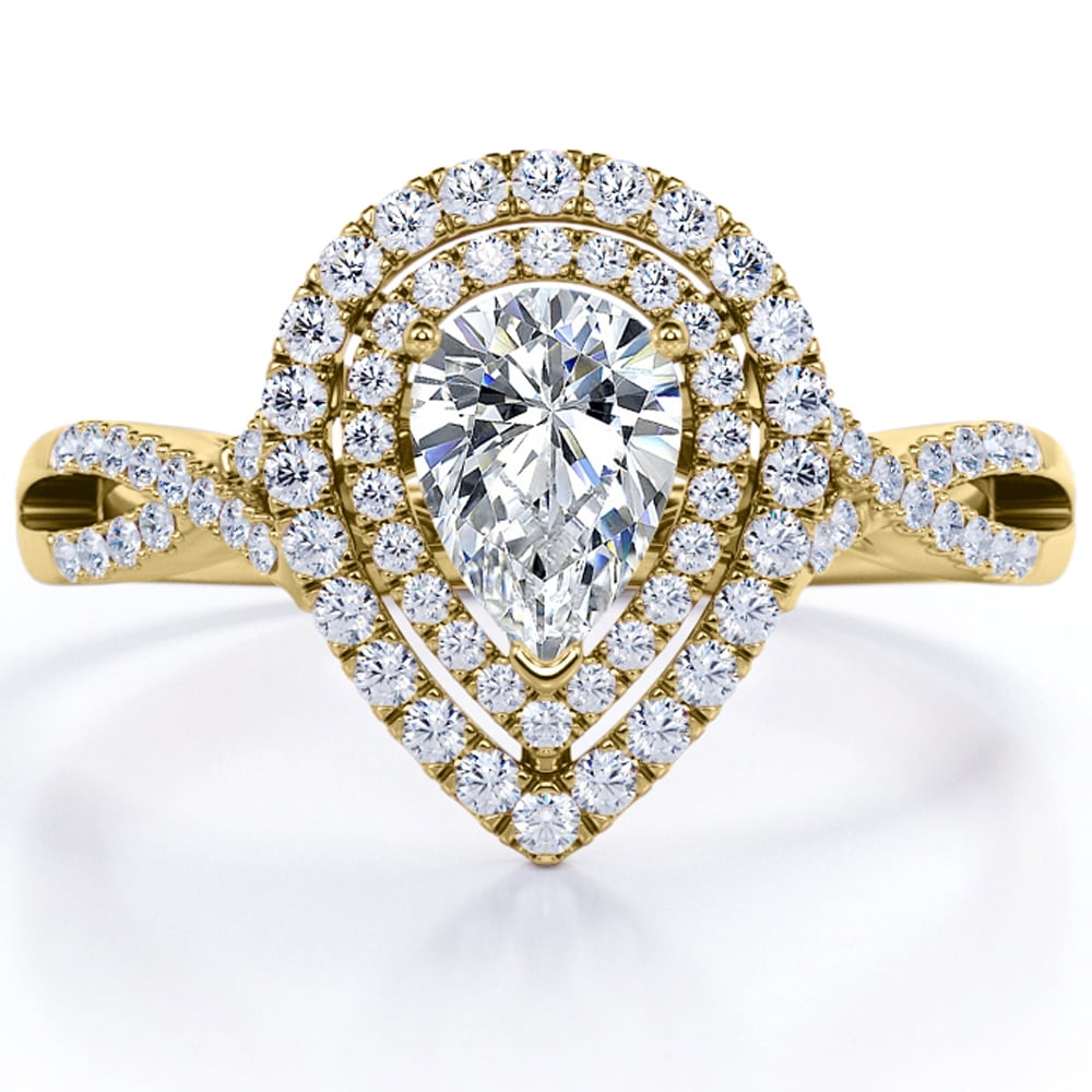 JeenMata 1 Carat Pear Shape Moissanite - Infinity Twisted Shank - Duo Halo Cluster Engagement Ring - 18K Yellow Gold Plating for Women