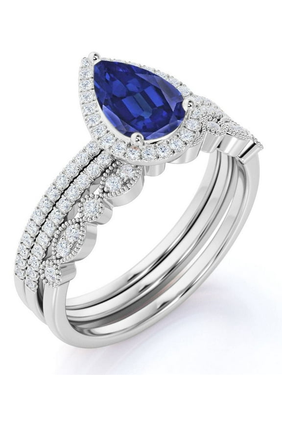1.75 Carat Pear Shaped Antique Dark Lab Created Blue Sapphire Trio Ring Set in 18k White Gold over Silver