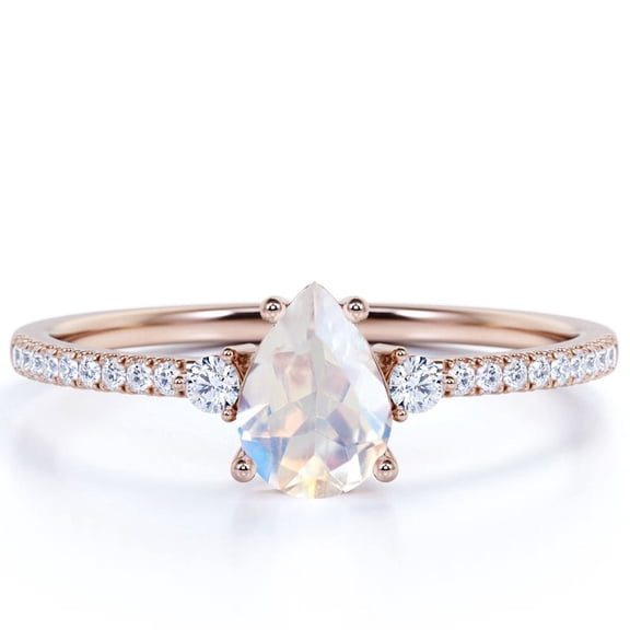 JeenMata 1.75 Carat Pear Shaped Rainbow Moonstone and Moissanite Birthstone Ring in 18k Rose Gold over Silver