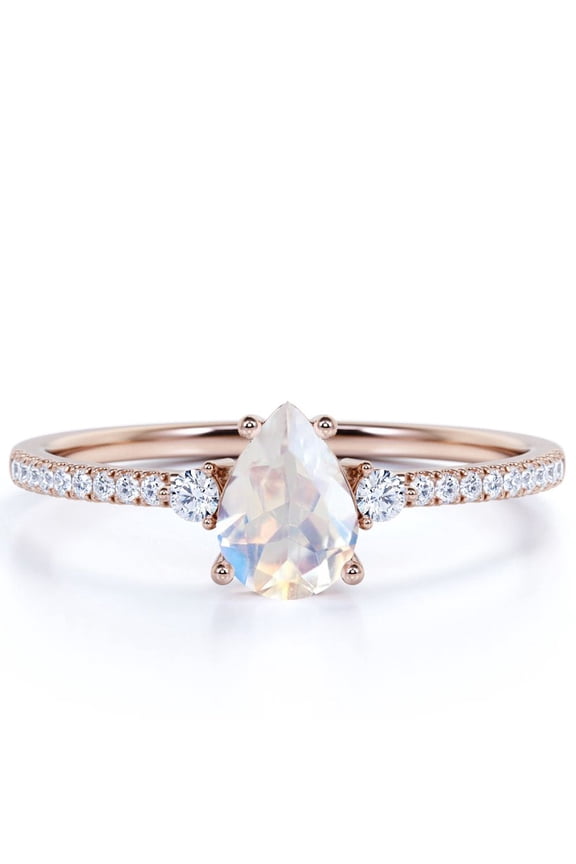 1.75 Carat Pear Shaped Rainbow Moonstone and Moissanite Birthstone Ring in 18k Rose Gold over Silver