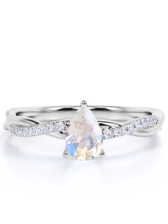 1.75 Carat Pear Shaped Rainbow Moonstone and Moissanite Eternity Ring in 18k White Gold over Silver