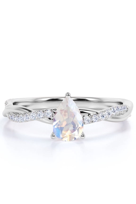 1.75 Carat Pear Shaped Rainbow Moonstone and Moissanite Eternity Ring in 18k White Gold over Silver