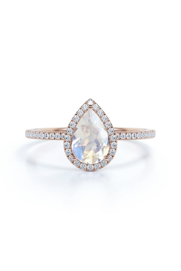 1 Carat Pear Shaped Rainbow Moonstone and Moissanite Halo Antique Wedding Ring in 18k Rose Gold over Silver