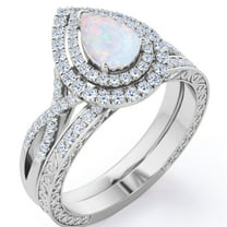JeenMata 1.75 Carat Pear-Shaped Sunset Opal and Moissanite - Double Halo Pave Set - Crossover Filigree Wedding Ring Set - 18K White Gold Plating over Silver