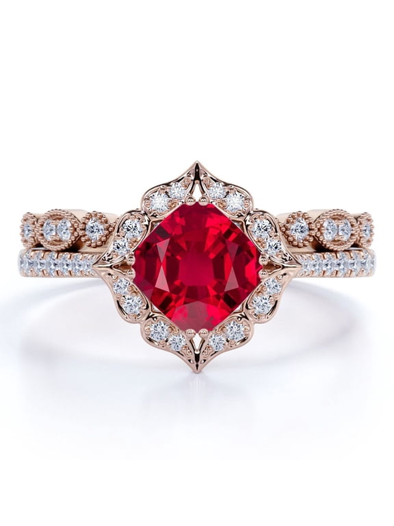 1.75 Carat Pigeon Blood Princess Cut Lab Created Ruby Wedding Set - Pave Ring Band - 18k Rose Gold over Silver