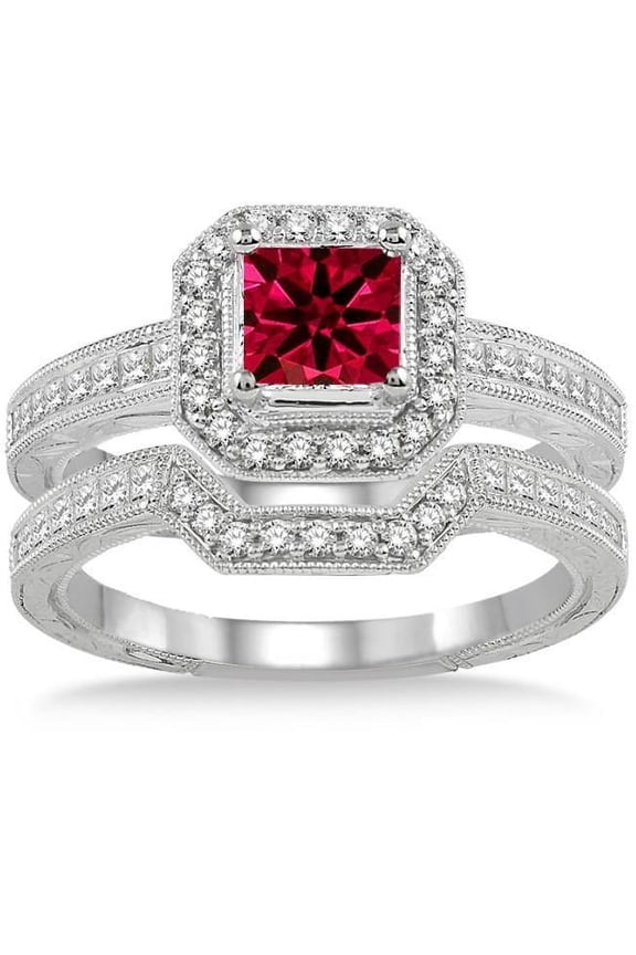 1.75 Carat Princess Cut Created Ruby and Moissanite Bridal Wedding Ring Set with Engagement Ring and Wedding Band in 18k Gold Over Silver