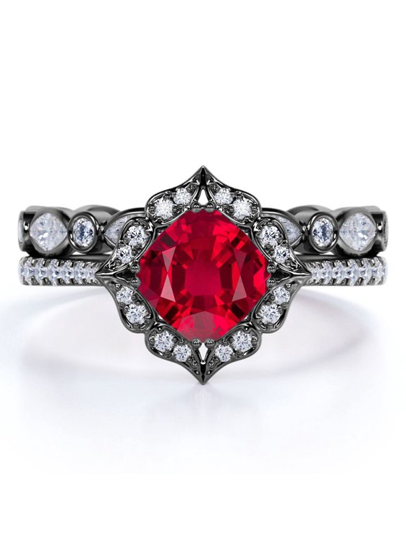 1.75 Carat Princess Cut Lab Created Ruby Wedding Set - Art Deco Ring Band - 18k Black Gold over Silver