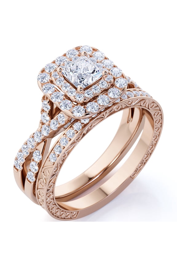 1.75 Carat Princess Cut Moissanite Engagement Ring - Bridal Ring - Double Halo Ring - Cluster Ring - 18k Rose Gold Over Silver