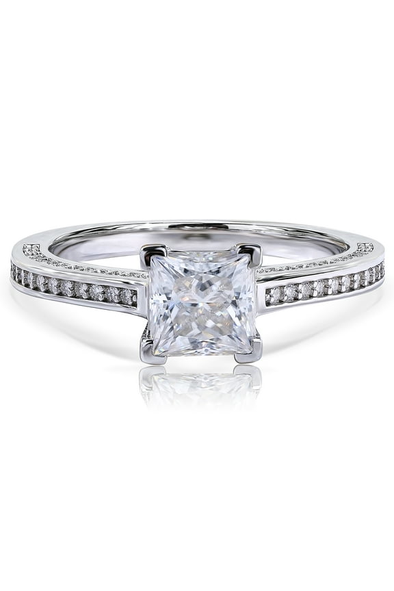 1.75 Carat Princess Cut Moissanite Engagement Ring - Bridal Set - Pave Ring - Promise Ring - 18k White Gold Over Silver