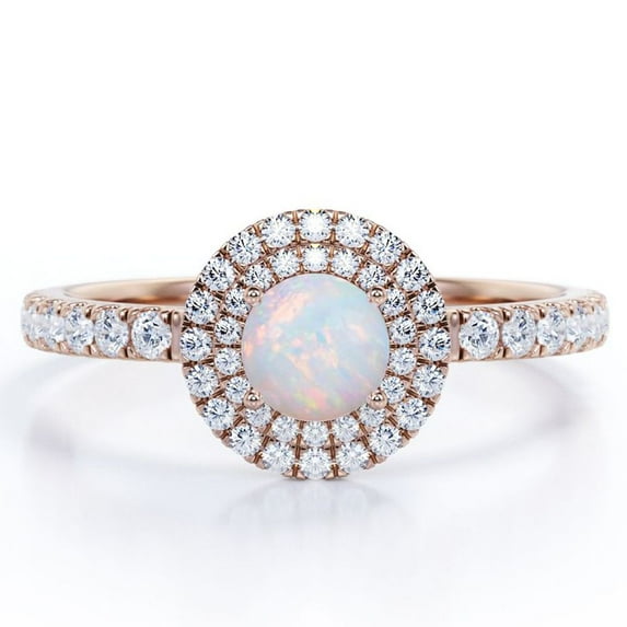 JeenMata 1.75 Carat Round Cut Australian Opal and Moissanite - Double Halo - Pave Setting Engagement Ring - 18K Rose Gold Plating over Silver