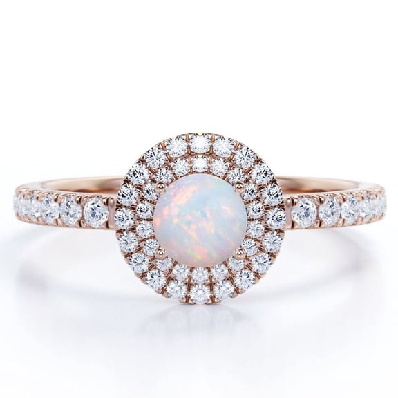 JeenMata 1.75 Carat Round Cut Australian Opal and Moissanite - Double Halo - Pave Setting Engagement Ring - 18K Rose Gold Plating over Silver