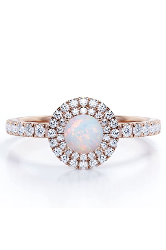 1.75 Carat Round Cut Australian Opal and Moissanite - Double Halo - Pave Setting Engagement Ring - 18K Rose Gold Plating over Silver