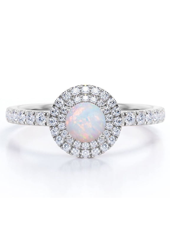 1.75 Carat Round Cut Australian Opal and Moissanite - Double Halo - Pave Setting Engagement Ring - 18K White Gold Plating over Silver