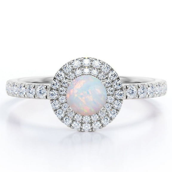 JeenMata 1.75 Carat Round Cut Australian Opal and Moissanite - Double Halo - Pave Setting Engagement Ring - 18K White Gold Plating over Silver