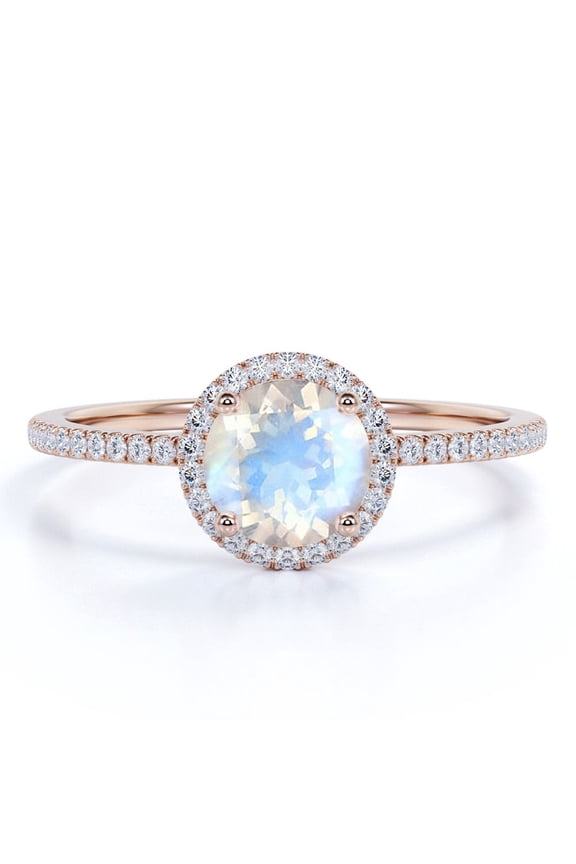 1.75 Carat Round Cut Blue Moonstone and Moissanite Halo Engagement Ring in 18k Rose Gold over Silver