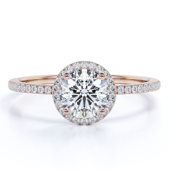 JeenMata 1.25 Carat Round Cut Engagement Ring Halo Pave in 18K Rose Gold Plating over Silver