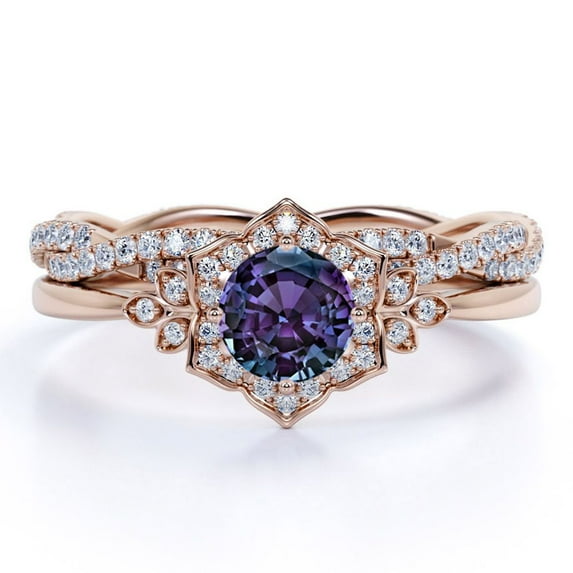 JeenMata 1.75 Carat Round Cut Lab Created Alexandrite and Moissanite Petal Frame Wedding Ring Set - Infinity Twist Wedding Band - 18k Rose Gold over Silver