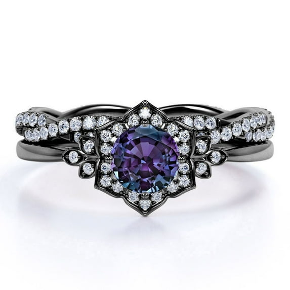 JeenMata 1.75 Carat Round Cut Lab Created Alexandrite and Moissanite Petal Frame Wedding Ring Set - Infinity Twist Wedding Band - 18k Black Gold over Silver