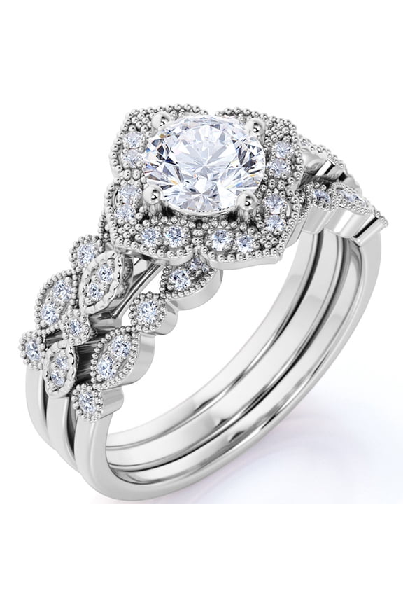 1.75 Carat Round Cut Moissanite Trio Set - Bridal Set - Wedding Trio Set - Solitaire Ring - Anniversary Ring - 18k White Gold Over Silver