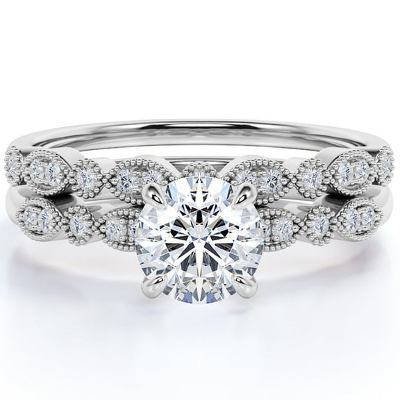 JeenMata 1.75 Carat Round Cut Moissanite Wedding Ring Set in 18k White Gold Over Silver Handmade