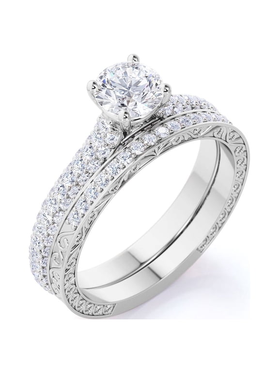 1.75 Carat Round Cut Moissanite Wedding Set - Bridal Set - Two Row Ring - Cluster Ring - 18k White Gold Over Silver