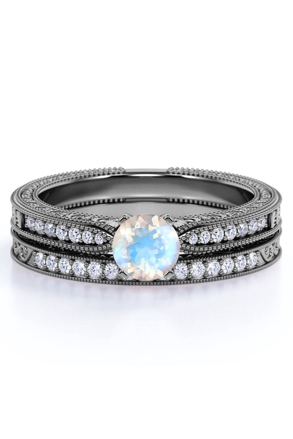 1.75 Carat Round Cut Moonstone and Moissanite Engagement Ring with Milgrains in 18k Black Gold over Silver