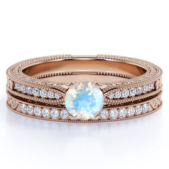 JeenMata 1.75 Carat Round Cut Moonstone and Moissanite Engagement Ring with Milgrains in 18k Rose Gold over Silver
