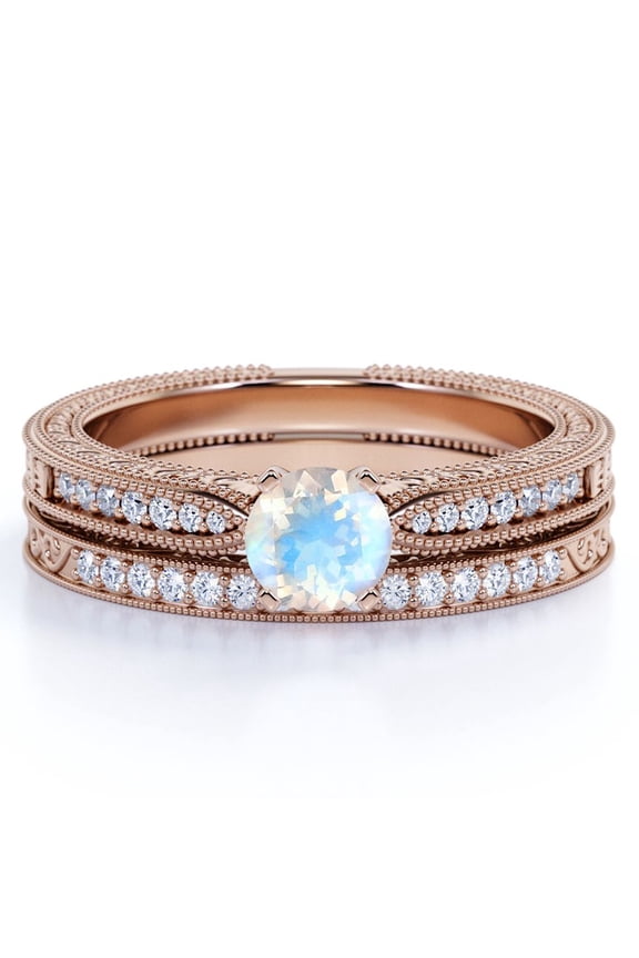 1.75 Carat Round Cut Moonstone and Moissanite Engagement Ring with Milgrains in 18k Rose Gold over Silver