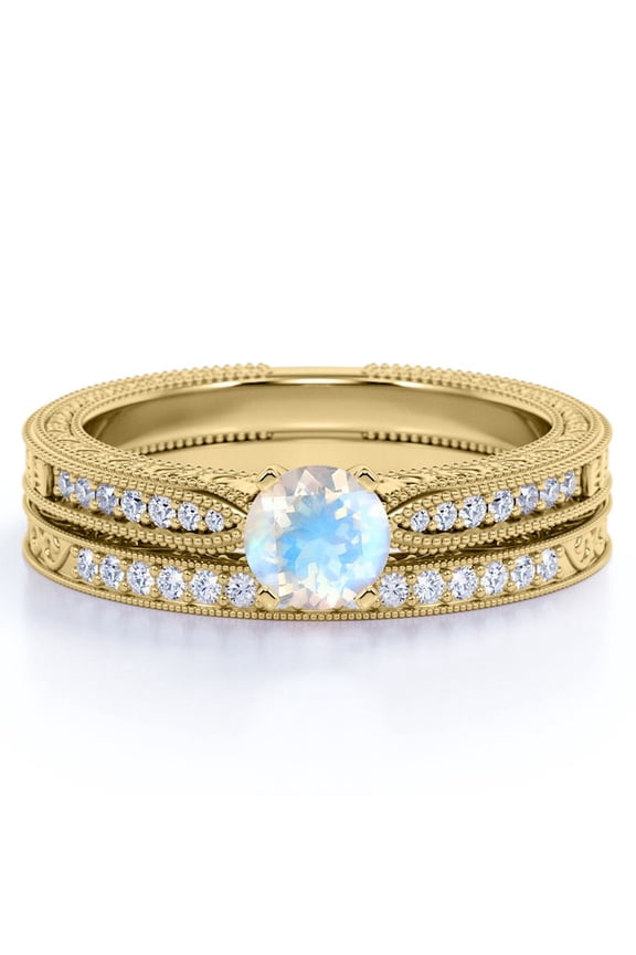 1.75 Carat Round Cut Moonstone and Moissanite Engagement Ring with Milgrains in 18k Yellow Gold over Silver