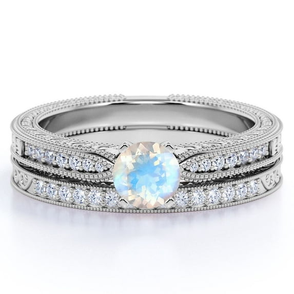 JeenMata 1.75 Carat Round Cut Moonstone and Moissanite Wedding Ring Set with Milgrains in 18k White Gold over Silver