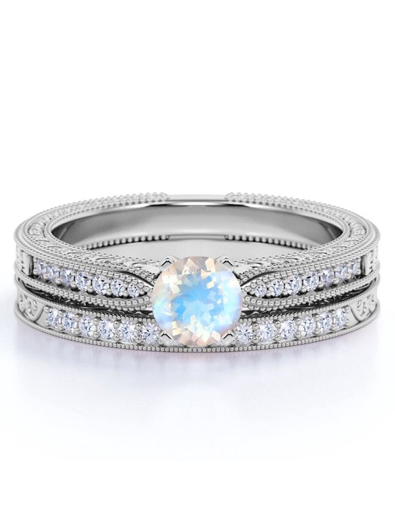 1.75 Carat Round Cut Moonstone and Moissanite Wedding Ring Set with Milgrains in 18k White Gold over Silver