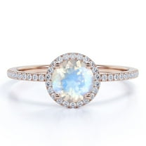 JeenMata 1.75 Carat Round Cut Rainbow Moonstone and Moissanite Halo Antique Wedding Ring in 18k Rose Gold over Silver