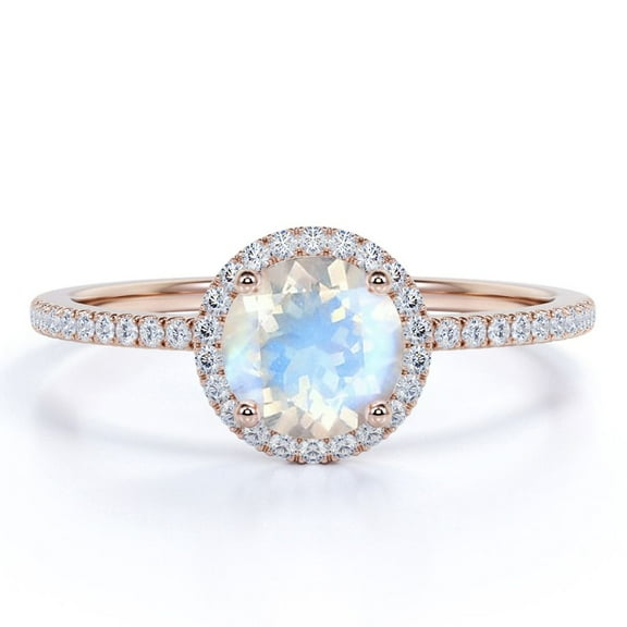 JeenMata 1.75 Carat Round Cut Rainbow Moonstone and Moissanite Halo Antique Wedding Ring in 18k Rose Gold over Silver