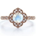 thumbnail image 1 of JeenMata 1.75 Carat Round Cut Rainbow Moonstone and Moissanite Halo Wedding Ring in 18k Rose Gold over Silver, 1 of 6