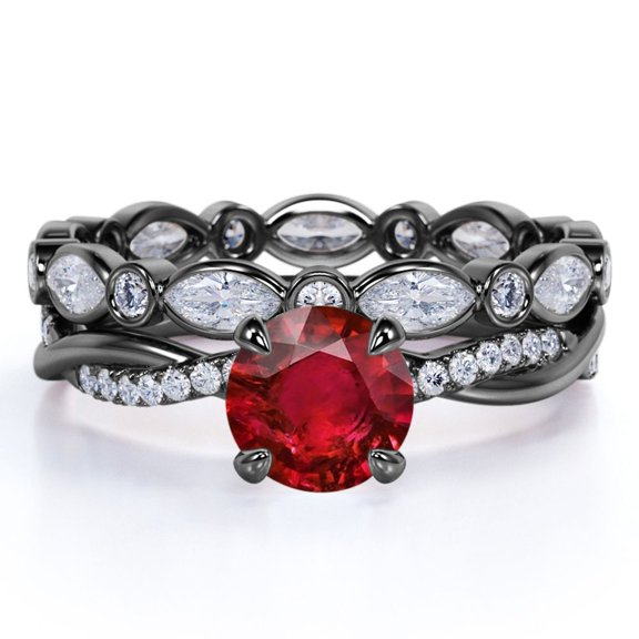 JeenMata 1.75 Carat Round Cut Sunset Simulated Ruby Bridal Ring Set in 18k Black Gold over Silver