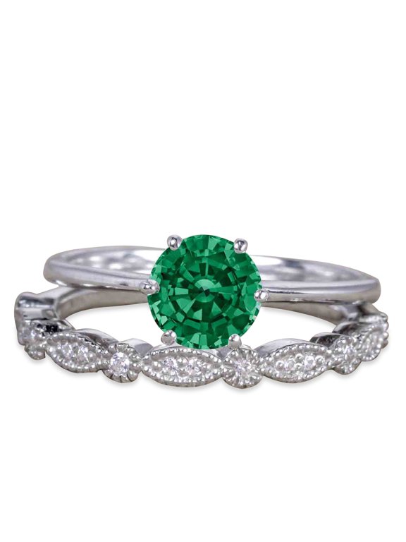 1.75 Carat Round Lab Created Green Emerald Minimalist Wedding Bridal Ring Set in 18k White Gold over Silver