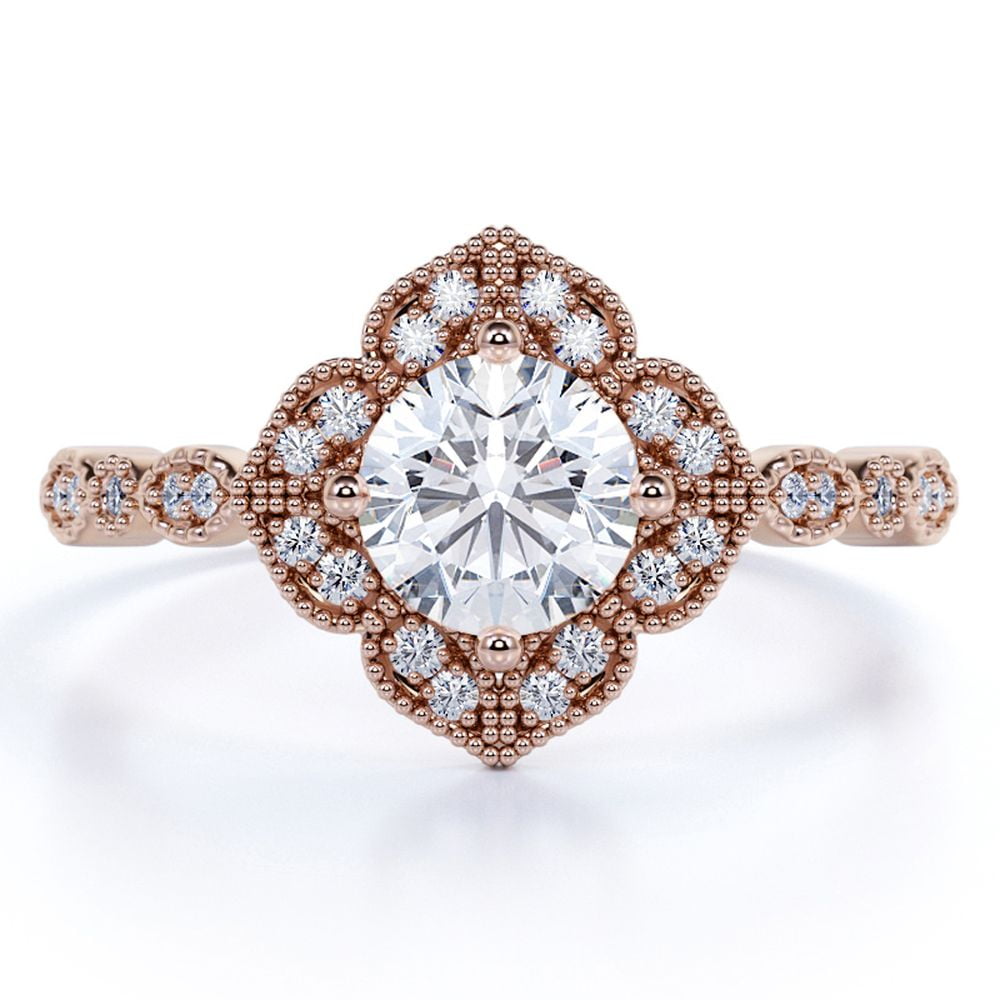 JeenMata 1.25 Carat Round Milgrain Flower Cluster Ring - Art Deco Ring - Engagement Ring - Wedding Ring - Promise Ring - 18K Rose Gold Plating over Silver
