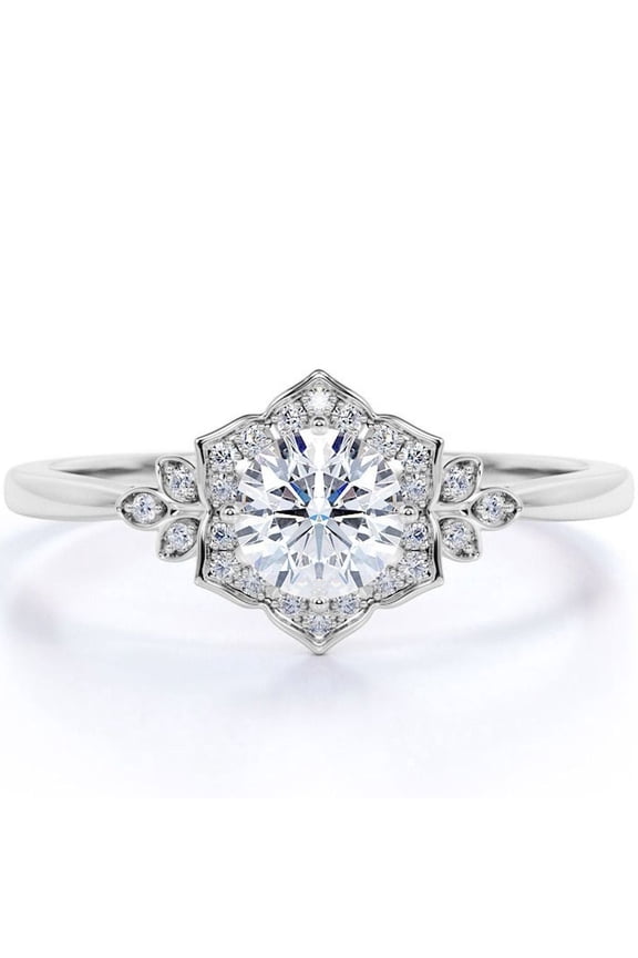1.75 Carat Round Near Colorless Moissanite Floral Engagement Ring - Nature Inspired Ring - 18k White Gold over Silver