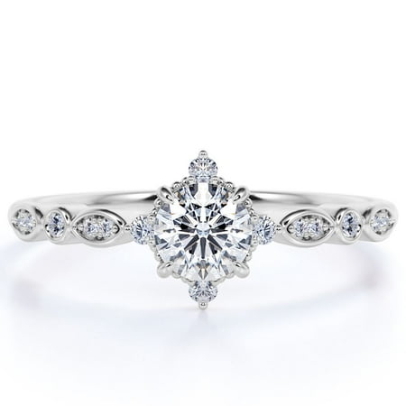 JeenMata 1.75 Carat Round Near Colorless Moissanite Promise Ring - Minimalist Moissanite Engagement Ring - 18k White Gold over Silver