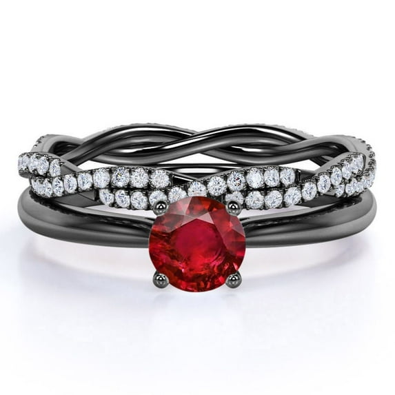 JeenMata 1.75 Carat Round Pigeon Blood Lab Created Ruby Wedding Set - Art Deco Bridal Set - 18k Black Gold over Silver