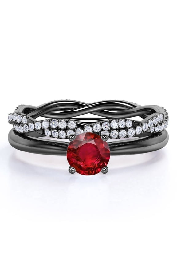 1.75 Carat Round Pigeon Blood Lab Created Ruby Wedding Set - Art Deco Bridal Set - 18k Black Gold over Silver