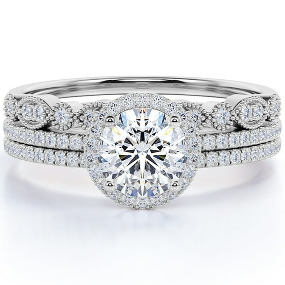 JeenMata 1.75 Carat Round cut Moissanite Trio Wedding Set in 18k White Gold Over Silver