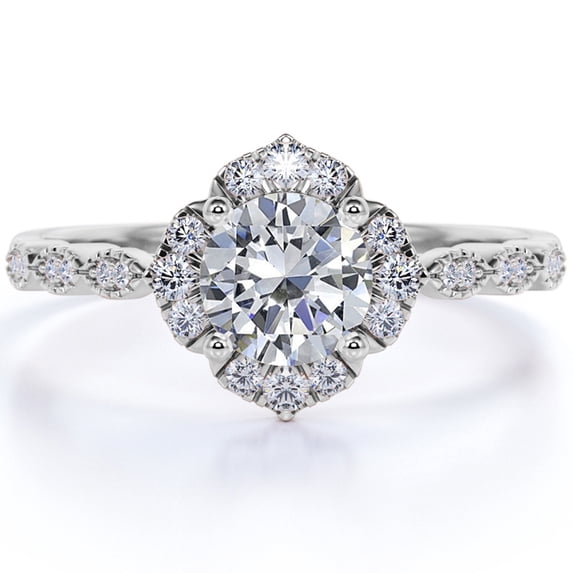 JeenMata 1.75 Carat Round cut Moissanite and Diamond Halo vintage art deco Engagement Ring in 10k White Gold