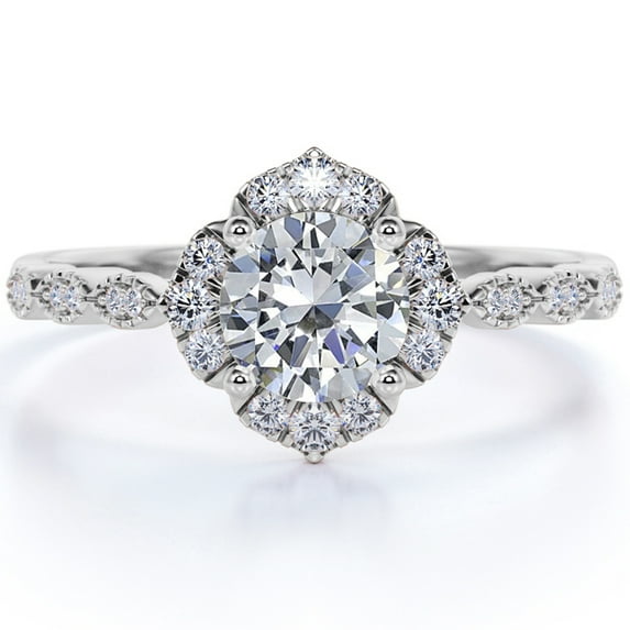 JeenMata 1.75 Carat Round cut Moissanite and Diamond Halo vintage art deco Engagement Ring in 10k White Gold