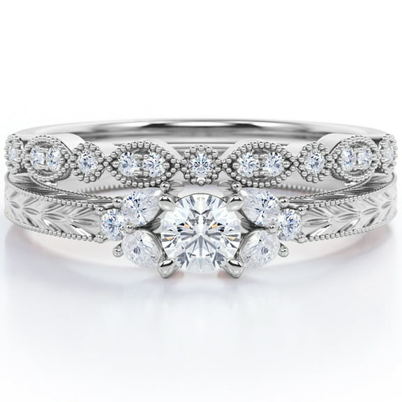 JeenMata 1.75 Carat Seven Stone Milgrain Filigree Round Shape Moissanite Art Deco Design Wedding Ring Set in 18K White Gold Plating Over Silver