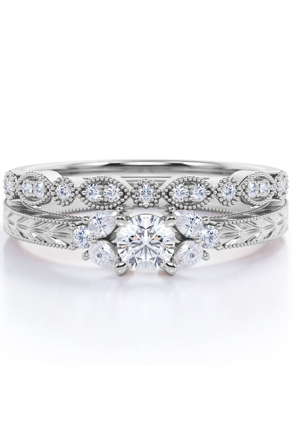 1.75 Carat Seven Stone Milgrain Filigree Round Shape Moissanite Art Deco Design Wedding Ring Set in 18K White Gold Plating Over Silver